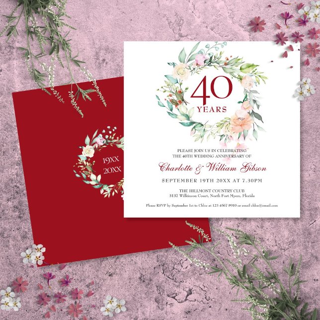 Convite Aniversário de Casamento de 40 Anos Rosas Rubis Fl (40th Wedding Anniversary Ruby Roses Floral Invitation)