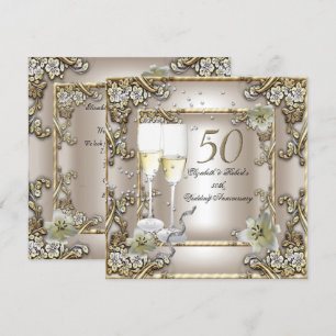 Convite Aniversário de Casamento de 50 anos Creme Dourado