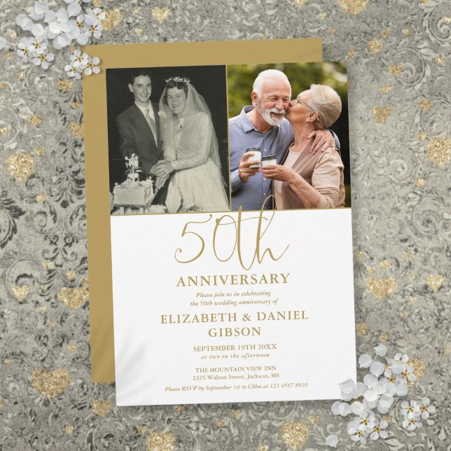 Convite Aniversário de Casamento de 50 Anos Então E Agora  (50th Wedding Anniversary Then And Now 2 Photo Invitation)