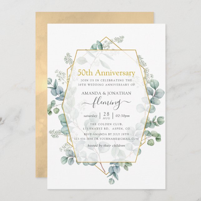 Convite Aniversário de Casamento de 50 anos Eucalipto Geom (Frente/Verso)