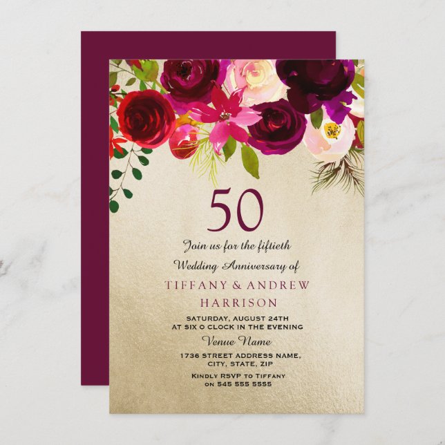 Convite Aniversário de Casamento de 50 anos Floral Dourado (Frente/Verso)