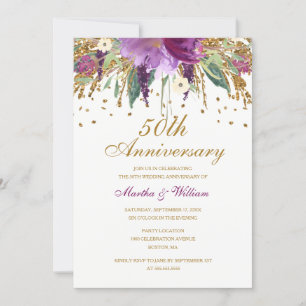 Convite Aniversário de Casamento de 50 anos Floral Glitter