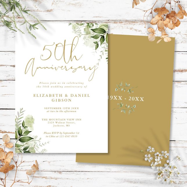 Convite Aniversário de Casamento de 50 Anos Folhagem Doura (50th Wedding Anniversary Greenery Gold Script Invitation)