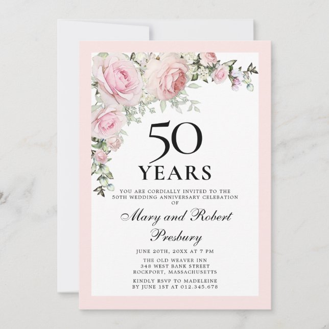 Convite Aniversário de Casamento de 50 Anos Rosa Floral (Frente)