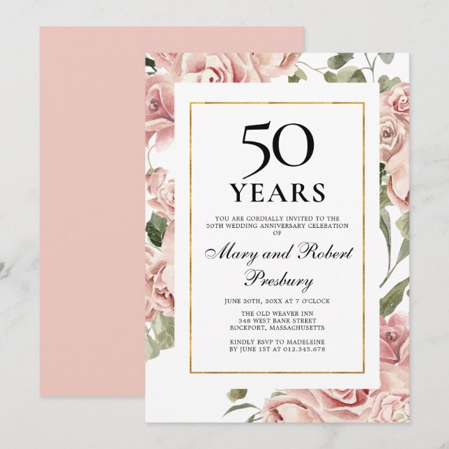 Convite Aniversário de Casamento de 50 Anos Rosa Floral (Frente/Verso)