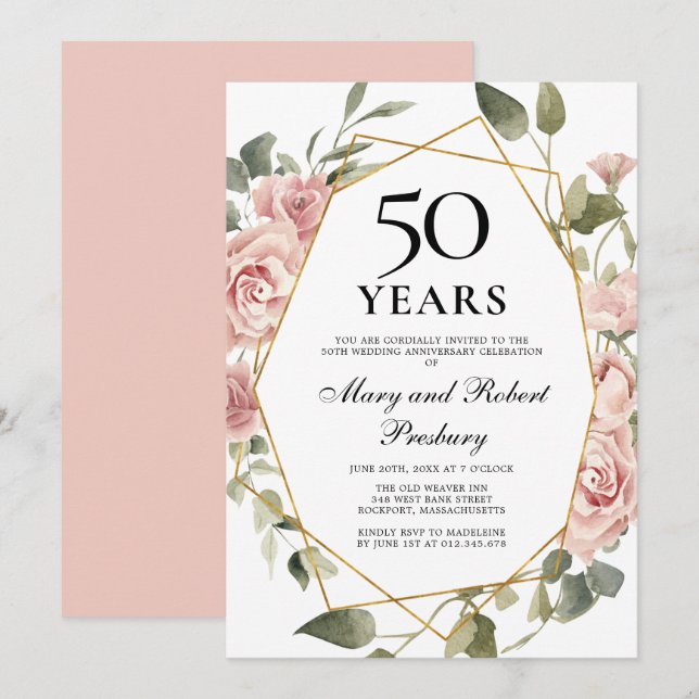 Convite Aniversário de Casamento de 50 Anos Rosa Floral (Frente/Verso)