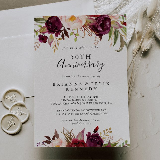 Convite Aniversário de Casamento de 50 anos Rustic Boho Fl (Criador carregado)