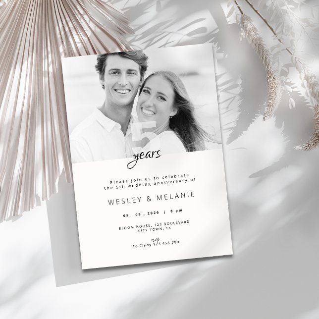 Convite Aniversário de Casamento de 5 Anos Moderno com Fot (modern 5th wedding anniversary invitation with photo)
