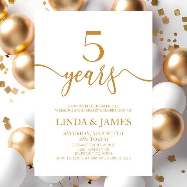 Convite Aniversário de Casamento de 5 de Champagne Minimal (Criador carregado)