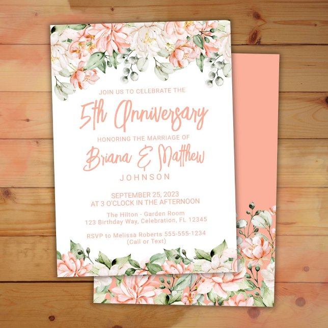 Convite Aniversário de Casamento de 5 Floral de Peach Blus (Criador carregado)