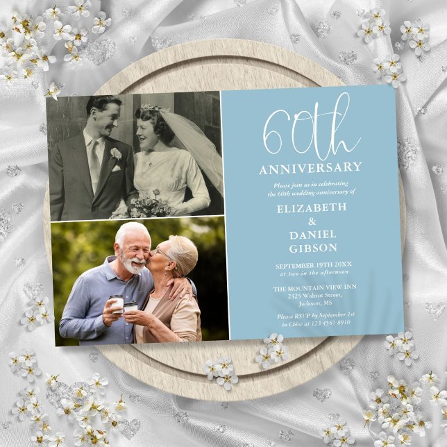 Convite Aniversário de Casamento de 60 Anos Então E Agora  (60th Wedding Anniversary Then And Now 2 Photo Invitation)