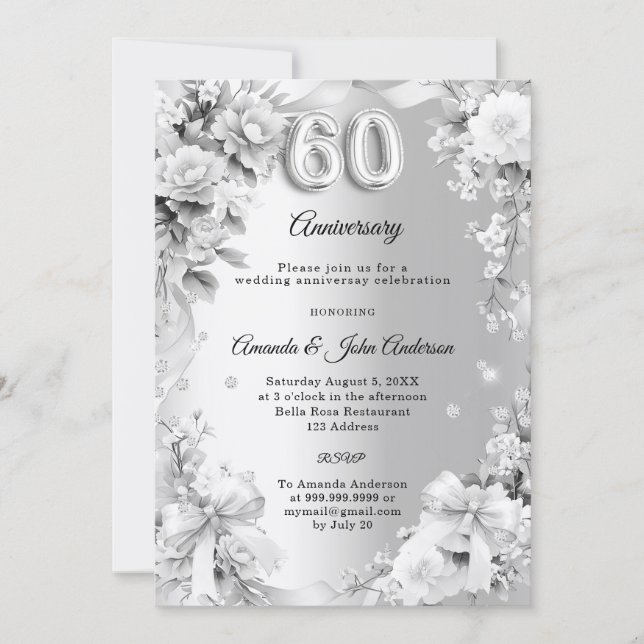 Convite aniversário de casamento de 60 anos flores de prat (Frente)