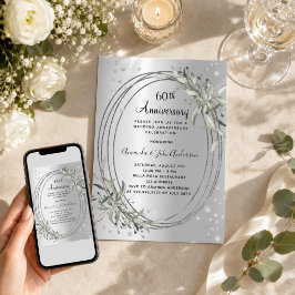 Convite aniversário de casamento de 60 anos prata folhagem
