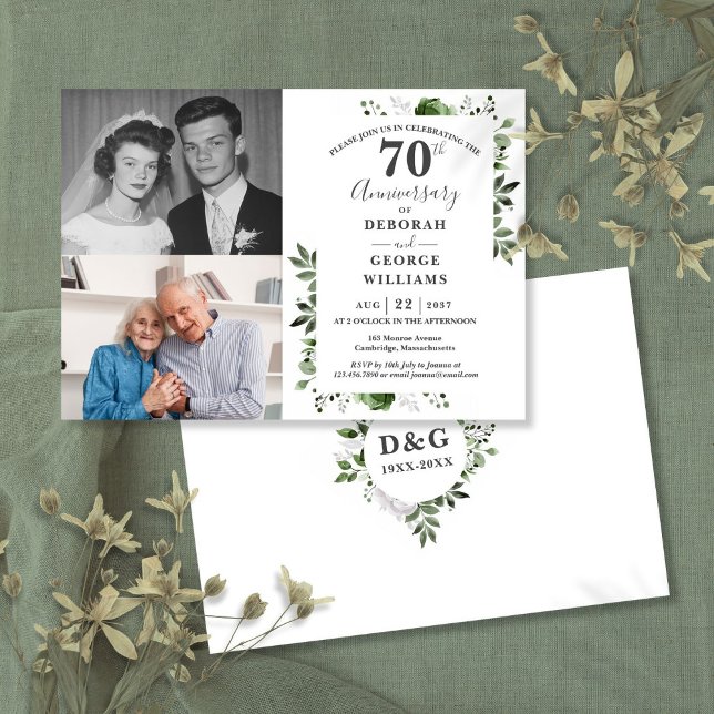 Convite Aniversário de Casamento de 70 Floral Então e Agor (Floral 70th Wedding Anniversary Then & Now 2 Photo Invitation)