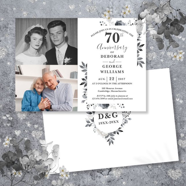 Convite Aniversário de Casamento de 70 Floral Então e Agor (Floral 70th Wedding Anniversary Then & Now 2 Photo Invitation)