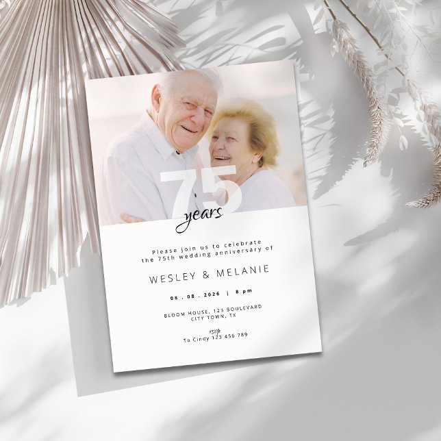 Convite Aniversário de Casamento de 75 Anos Moderno com Fo (modern 75th wedding anniversary invitation with photo)