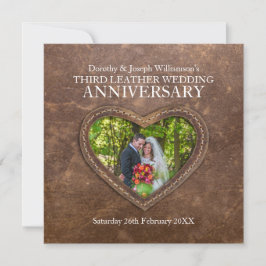 Convite aniversário de casamento de couro 3º coração marro