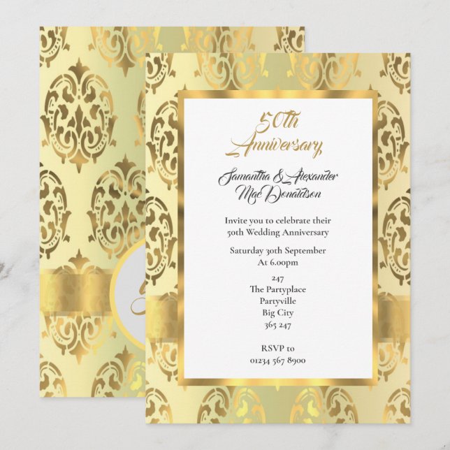 Convite Aniversário de casamento de damasco dourado 50 ano (Frente/Verso)