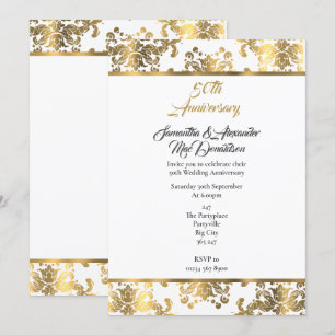 Convite Aniversário de casamento de damasco dourado 50 ano