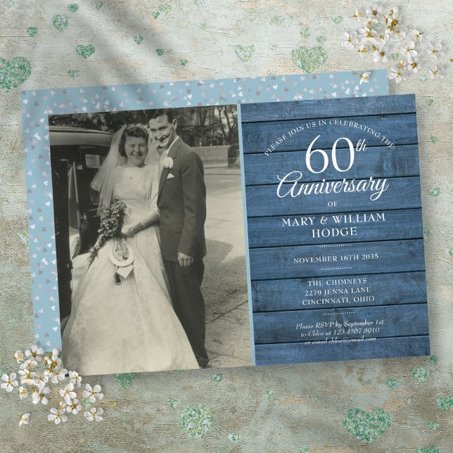 Convite Aniversário de Casamento de Diamante de 60 Anos Az (60th Diamond Wedding Anniversary Photo Blue Rustic Invitation)