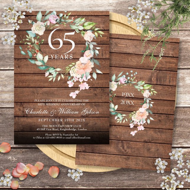 Convite Aniversário de casamento de Floral de Madeira Rúst (Rustic Wood 45th 65th Wedding Anniversary Floral Invitation)