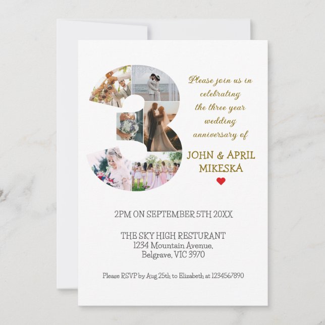 Convite Aniversário de Casamento de Fotografias Personaliz (Frente)