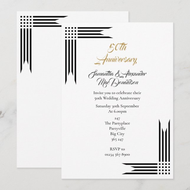 Convite Aniversário de casamento de ouro preto e branco (Frente/Verso)