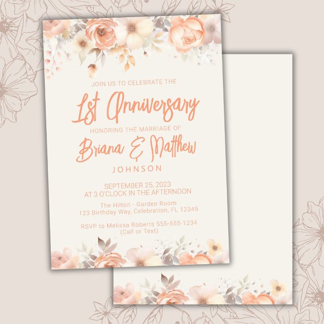 Convite Aniversário de Casamento de Peach Beige Ivory Flor (Criador carregado)