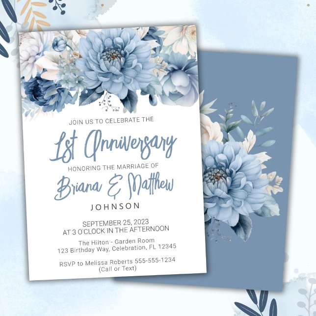 Convite Aniversário de Casamento de ruas Dusty Blue Floral (Criador carregado)