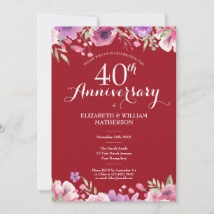 Convite Aniversário de Casamento de Rubi de 40 Anos Chic F
