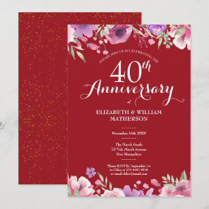 Convite Aniversário de Casamento de Rubi de 40 Anos Chic F