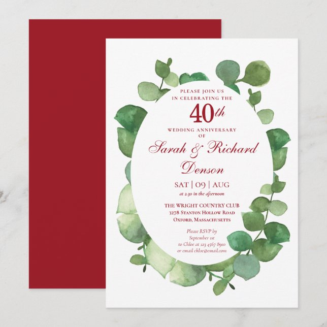 Convite Aniversário de Casamento de Rubi de 40 Anos com Fo (Frente/Verso)