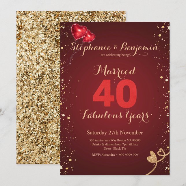Convite Aniversário de Casamento de Rubi de 40 anos Glitte (Frente/Verso)