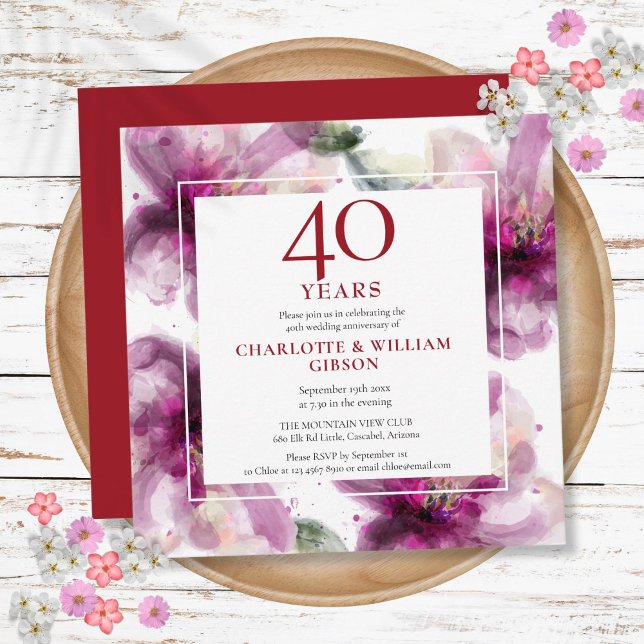 Convite Aniversário de Casamento de Rubi nº 40 Aquarela Fl (40th Ruby Wedding Anniversary Watercolor Floral Invitation)