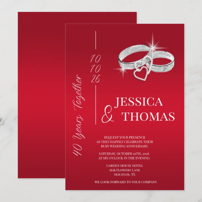 Convite Aniversário de Casamento de Ruby, 40ª Posh (Frente/Verso)