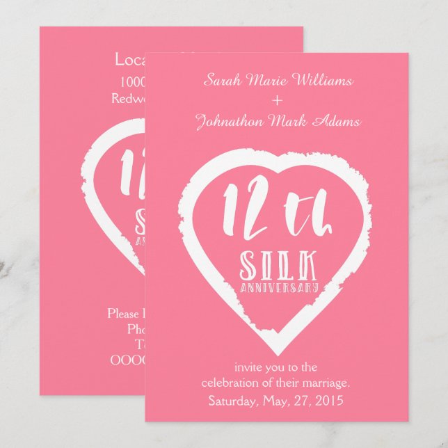 Convite aniversário de casamento de seda tradicional de 12 (Frente/Verso)