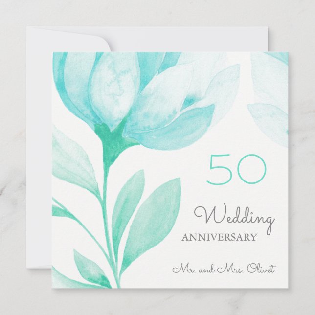 Convite Aniversário de Casamento de Teal Peonies 50 Anos (Frente)