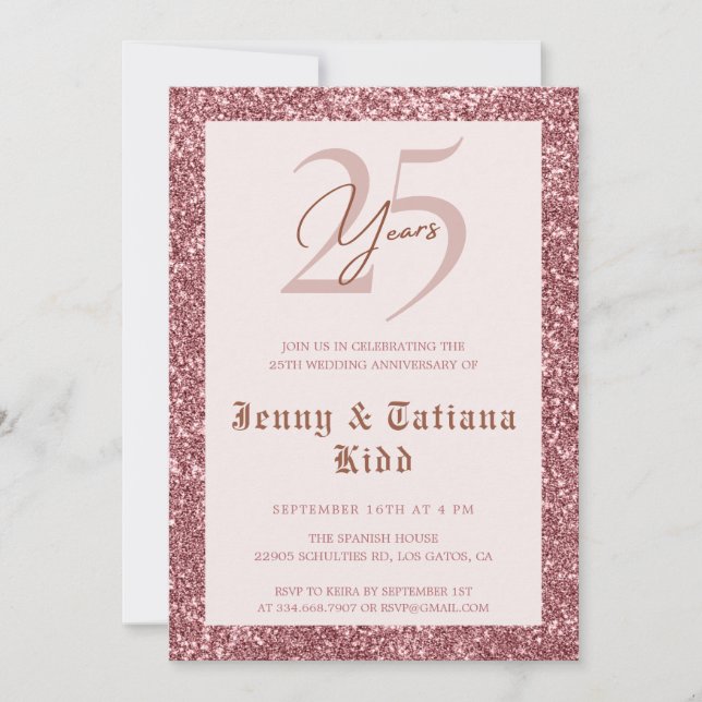 Convite Aniversário de casamento do 25 rosa Dourado (Frente)