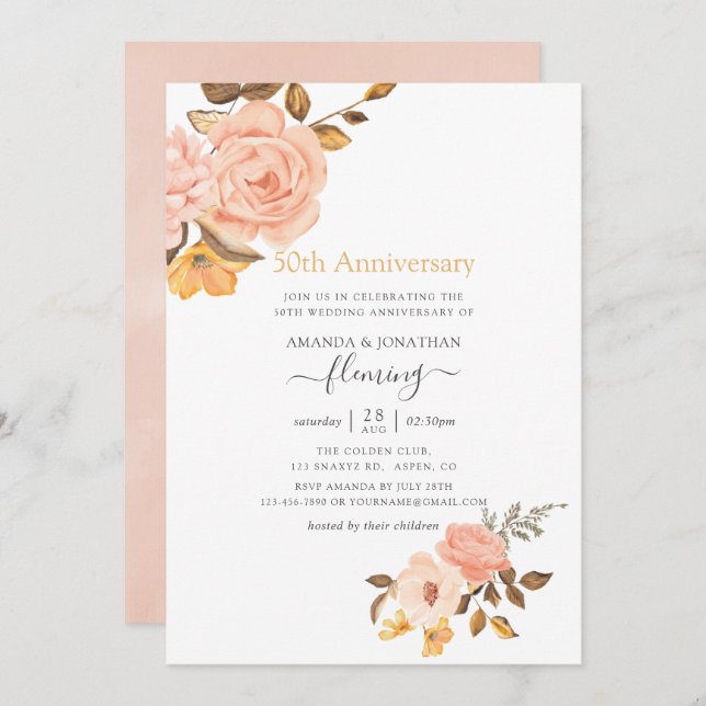 Convite Aniversário de Casamento do Blush Pink e Dourado F (Frente/Verso)