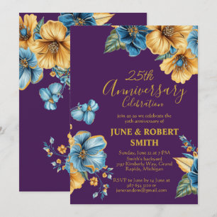 Convite aniversário de casamento do ouro azul floral