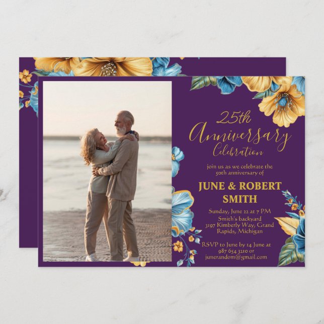 Convite aniversário de casamento do ouro azul floral (Frente/Verso)