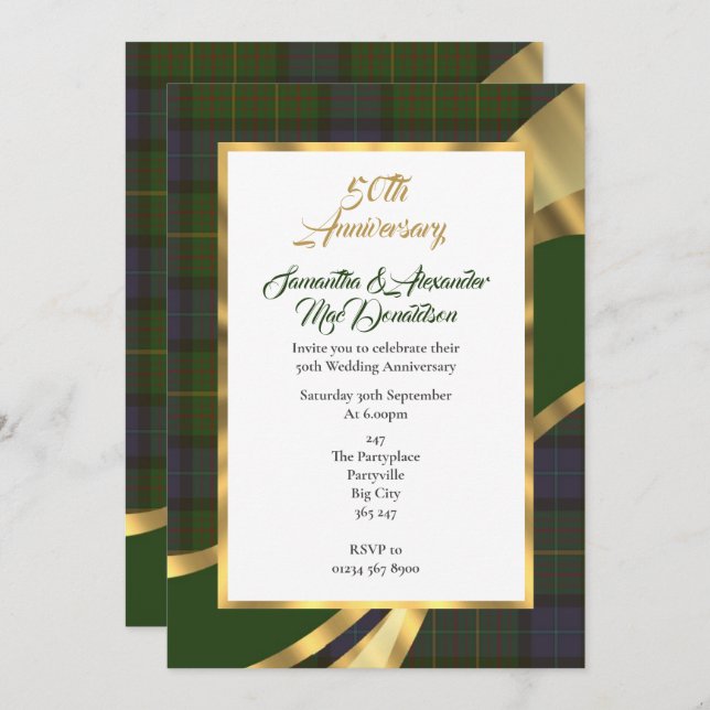 Convite Aniversário de casamento dourado de tartan verde (Frente/Verso)