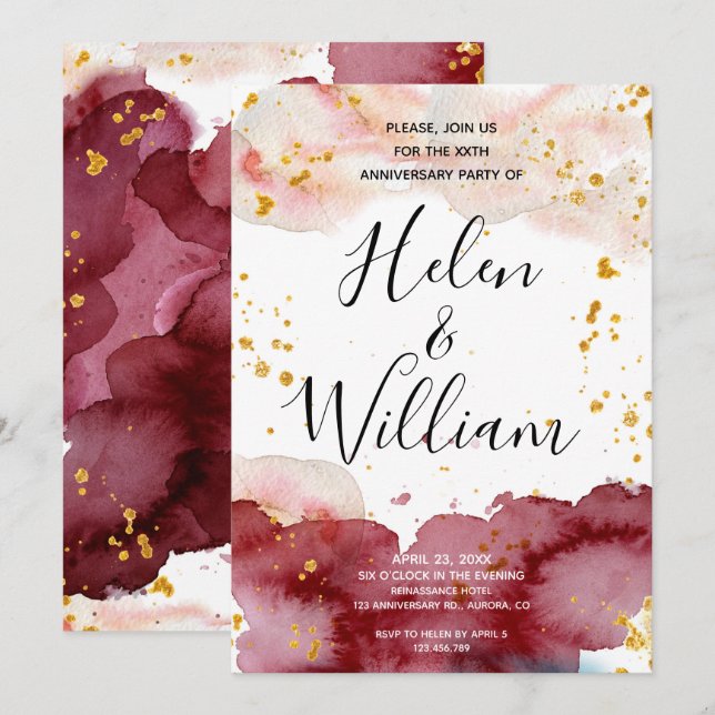 Convite Aniversário de Casamento Dourado e Borgonha (Frente/Verso)