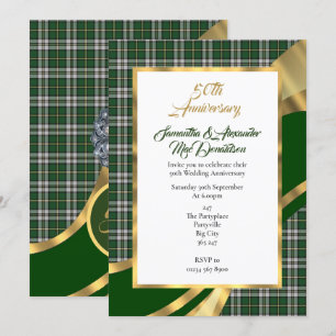 Convite Aniversário de casamento dourado em tartan verde e