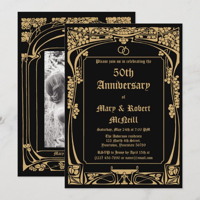 Convite Aniversário de Casamento Elegante Art Nouveau (Frente/Verso)