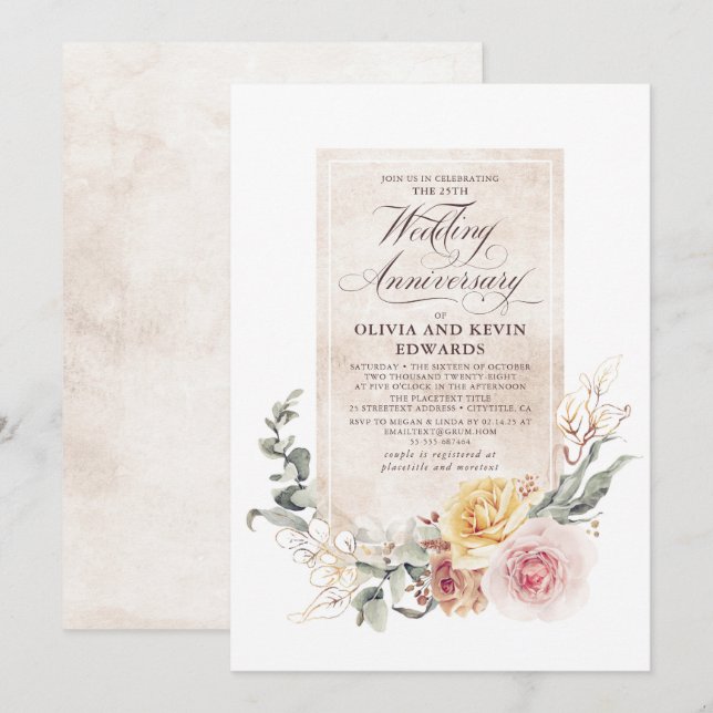 Convite Aniversário de Casamento Elegante das Flores Terre (Frente/Verso)