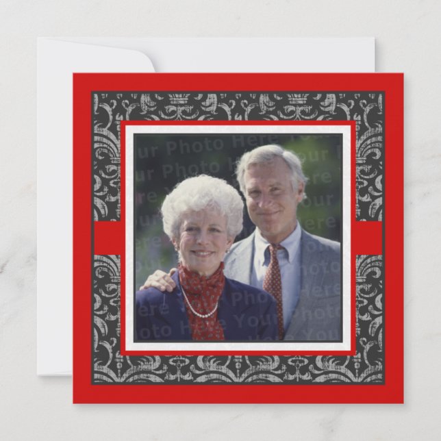 Convite Aniversário de Casamento Elegante em Vermelho e Pr (Frente)