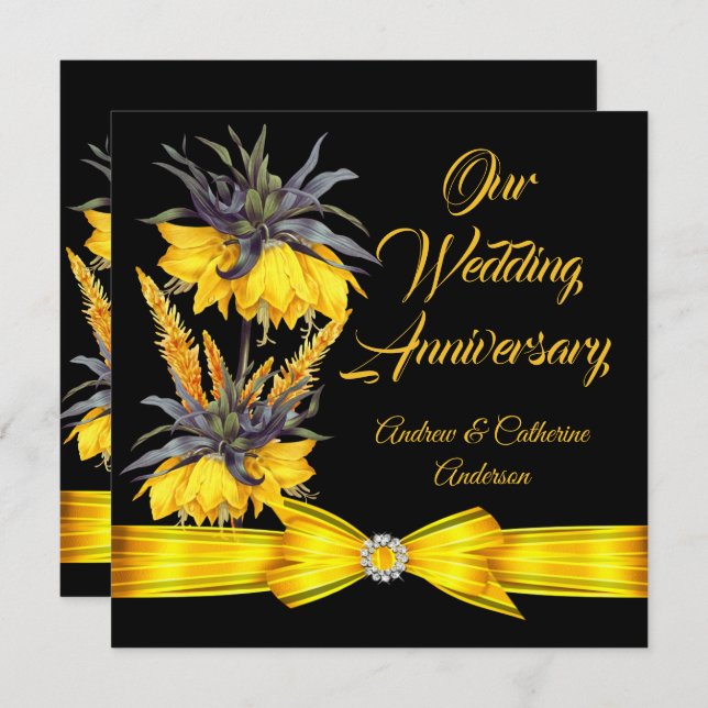 Convite Aniversário de Casamento Exótico Floral Amarelo La (Frente/Verso)