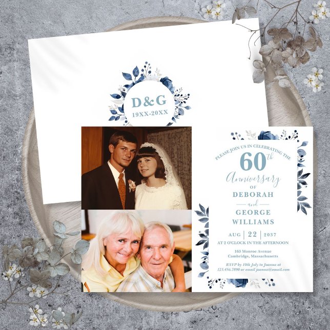 Convite Aniversário de Casamento Floral 60º e Agora 2 Foto (Floral 60th Wedding Anniversary Then & Now 2 Photo Invitation)
