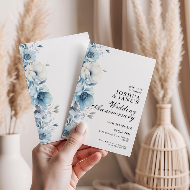 Convite Aniversário de Casamento Floral Azul (Criador carregado)